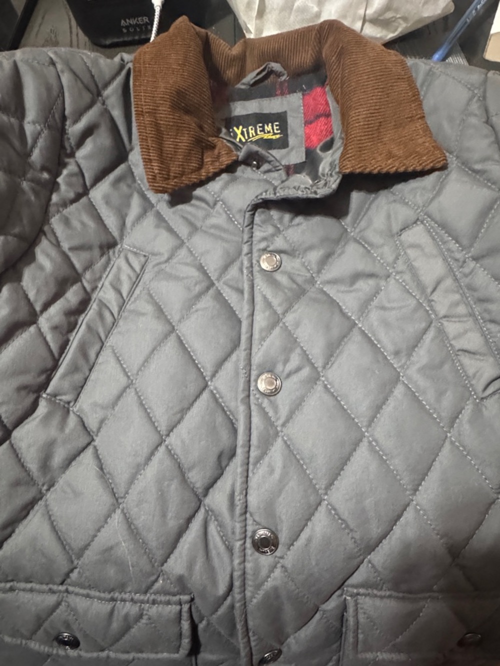 Boys' Quilted Gray Jacket with Brown Corduroy Collar